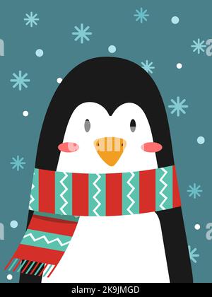 New Year card. Cute penguin in a striped scarf. Vector illustration. Stock Vector