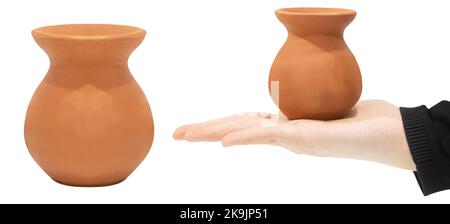 Clay small pot in hand, isolated from the background Stock Photo