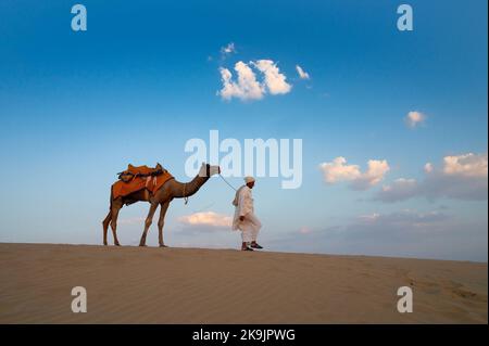Thar desert, Rajasthan, India - 15th October 2019 : Old cameleer taking back his camel, Camelus dromedarius after tourist rides at dusk in sand dunes. Stock Photo