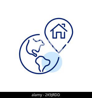 Home delivery address on earth globe. Pixel perfect, editable stroke line icon Stock Vector