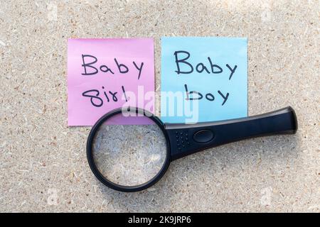 Girl or boy gender reveal hand written on a pink and blue note paper with magnifying glass Stock Photo
