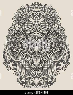 illustration wolf head with engraving ornament style Stock Vector