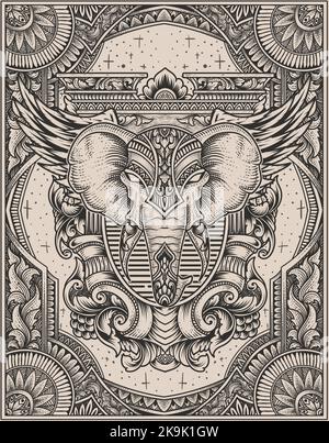 illustration elephant head engraving ornament style with mask Stock ...