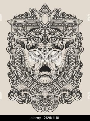 illustration dog head engraving ornament style Stock Vector