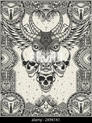 illustration cow head with skull and engraving ornament Stock Vector