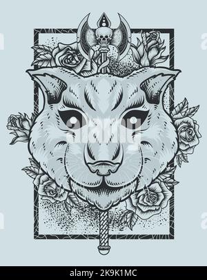 illustration cat head with ax and rose flower Stock Vector Image & Art ...