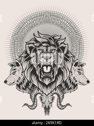 illustration lion and wolf head with goat skull Stock Vector