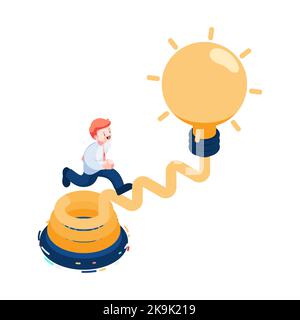 Flat 3d Isometric Businessman Going Up on Stair to Lightbulb of Idea. Business Idea and Opportunity Concept. Stock Vector