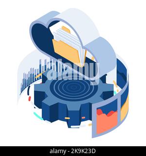 Flat 3d Isometric Cloud and Folder with Data Analytics. Cloud Computing and Data Analytics Concept. Stock Vector