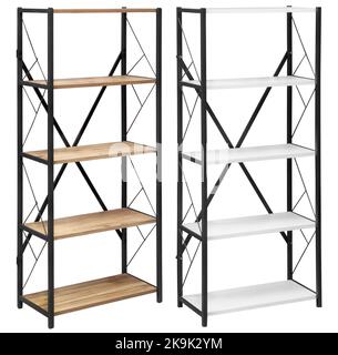 Metal shelving with shelves made of chipboard. Isolated from the background. Interior element Stock Photo