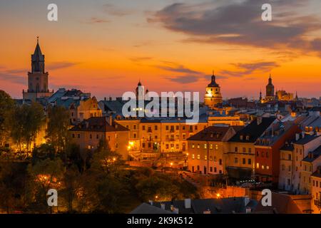 Lublin, Lublin Voivodeship / Poland - October 18, 2022: View of the Old Town from the castle tower of the Royal Castle in Lublin, blue hour. Stock Photo
