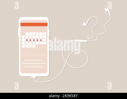 Woman period. Menstruation calendar shedule on her phone. Top view. Female menstrual cycle. Vector illustration in flat cartoon style Stock Vector