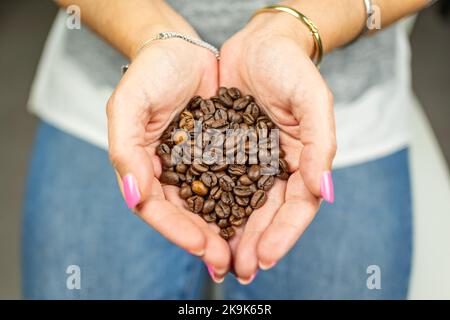 Woman holding in her hands roasted coffee beans with great aroma. Stock Photo