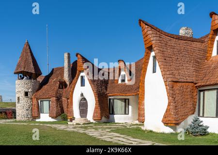 Porumbacu de Sus, Romania - 18 October, 2022: view of the Castelul de Lut Valea Zanelor fairy tale castle and hotel in central Romania Stock Photo