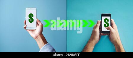 Transferring money instantly. Studio shot of a man texting on a cellphone against a blue background. Stock Photo