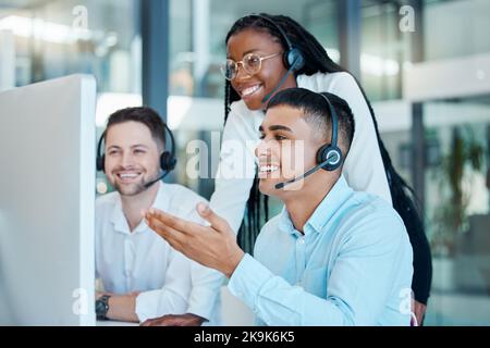 Telemarketing, training and black woman coaching team of men at customer service agency. Diversity, teamwork and crm, call center sales manager Stock Photo