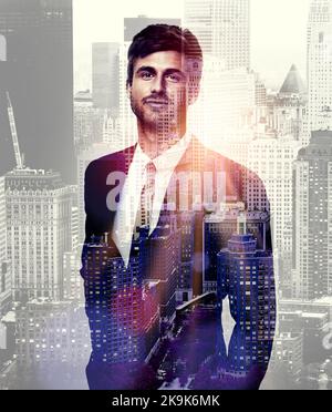 Double exposure concept businessman wearing black suit and working with ...