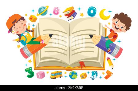 Funny Kid Flying On Colorful Pencil Stock Vector