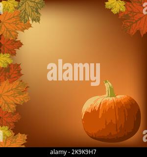 Maple leaves and pumpkin on an orange background. Postcard with copy space. Universal autumn background. Vector. Halloween, Thanksgiving concept. Stock Vector