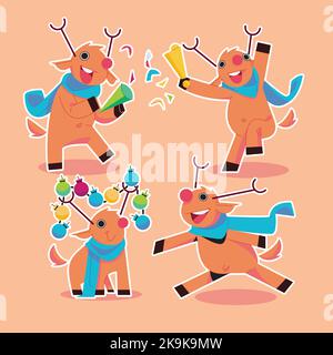 Santa Claus reindeer having fun decorating in flat design Stock Vector
