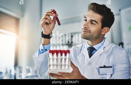 Putting together all his samples. a scientist analyzing medical samples in a lab. Stock Photo