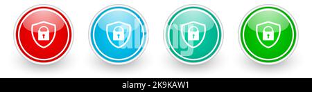 Shield with padlock vector icons, colorful glossy buttons on white Stock Vector