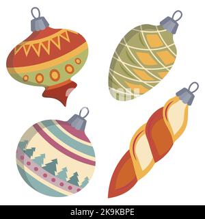 christmas toys on the christmas tree flat vector christmas balls vintage toys Stock Vector