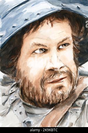 Portrait of man in helmet. Watercolor on paper. Stock Photo