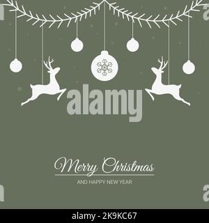 text merry christmas and happy new year christmas decorations balls and deers hanging on fir branches Stock Vector
