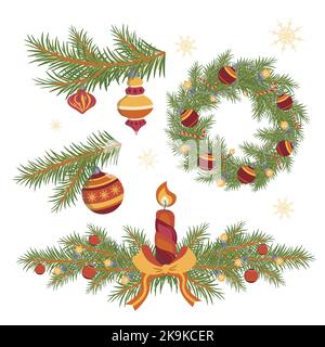 set of compositions for christmas from fir branches and christmas decorations vector Stock Vector