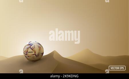 THE 2022 WORLD CUP FOOTBALL IS ON THE SAND. WORLD CUP POSTER CONCEPT. VECTOR EPS Stock Vector