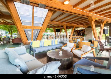 A modern interior design of a cafe restaurant in Cebu City, Philippines Stock Photo