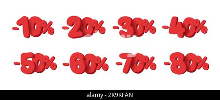 Set of sale percent 3d red numbers, rounded shapes cartoon render style, isolated Stock Vector