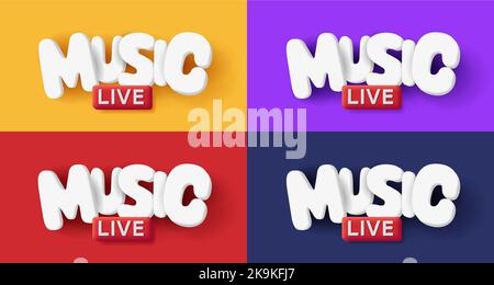Live music 3d lettering label, rounded render volume letters on different background Stock Vector