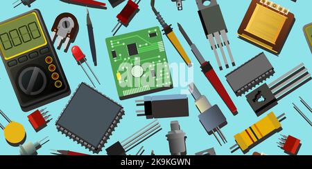 Set of radio components. Background picture. Scattered on table. Seamless pattern. Element for radio circuit. Electronics detail. Vector. Stock Vector