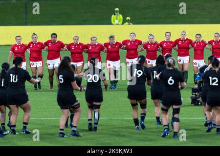 Wales face the New Zealand haka cultural challenge before the Women's Rugby World Cup Quarter-final match at Northland Events Centre in Whangarei, New Zealand. Picture date: Saturday October 29, 2022. Stock Photo