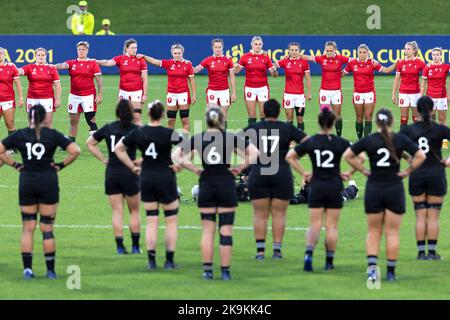 Wales face the New Zealand haka cultural challenge before the Women's Rugby World Cup Quarter-final match at Northland Events Centre in Whangarei, New Zealand. Picture date: Saturday October 29, 2022. Stock Photo