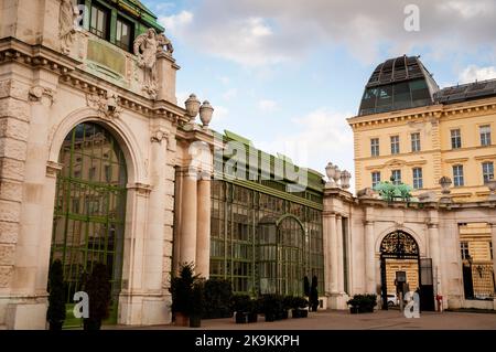 Art Nouveau Burggarten Gate and Schmetterlinghaus Butterfly House in Vienna, Austria. Stock Photo
