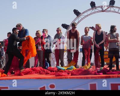 Bikaner Rajasthan, India : January 14, 2018 – turban tying competition, foreigners participate at Bikaner festival. Stock Photo