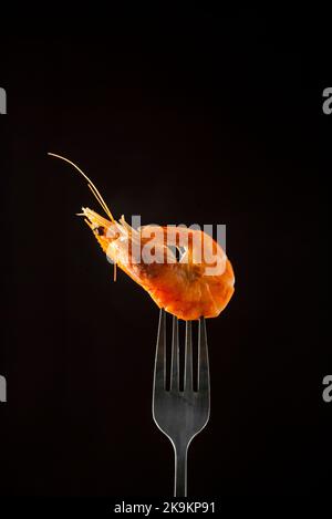 Steamed  shrimp steam on fork isolated black background copy space. isolated black background backlight  backlit food concept ready to eat Stock Photo