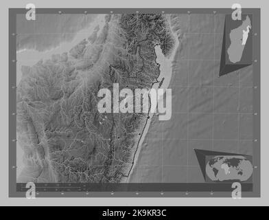 Toamasina, autonomous province of Madagascar. Grayscale elevation map with lakes and rivers. Locations of major cities of the region. Corner auxiliary Stock Photo