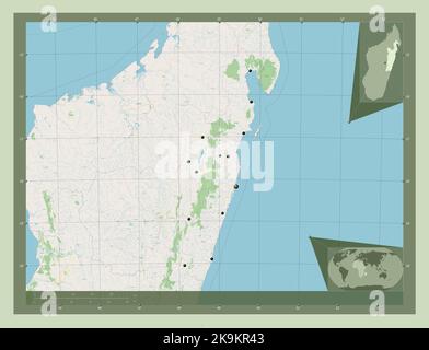 Toamasina, autonomous province of Madagascar. Open Street Map. Locations of major cities of the region. Corner auxiliary location maps Stock Photo