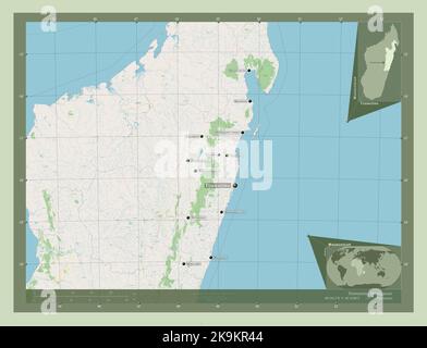 Toamasina, autonomous province of Madagascar. Open Street Map. Locations and names of major cities of the region. Corner auxiliary location maps Stock Photo