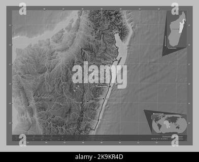 Toamasina, autonomous province of Madagascar. Grayscale elevation map with lakes and rivers. Locations and names of major cities of the region. Corner Stock Photo