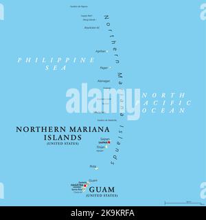 Guam and Northern Mariana Islands, political map. Two separate unincorporated territories of the United States of America in the Micronesia subregion. Stock Photo