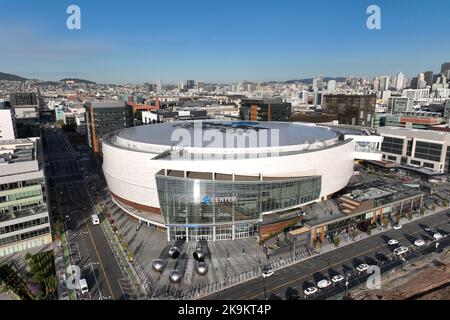 A general overall aerial view of the Chase Center, Wednesday, Oct. 26, 2022, in San Francisco. The Arena is the home of the Golden State Warriors. Stock Photo