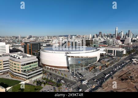 A general overall aerial view of the Chase Center, Wednesday, Oct. 26, 2022, in San Francisco. The Arena is the home of the Golden State Warriors. Stock Photo