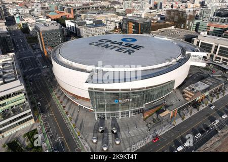 A general overall aerial view of the Chase Center, Wednesday, Oct. 26, 2022, in San Francisco. The Arena is the home of the Golden State Warriors. Stock Photo