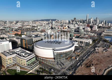 A general overall aerial view of the Chase Center, Wednesday, Oct. 26, 2022, in San Francisco. The Arena is the home of the Golden State Warriors. Stock Photo