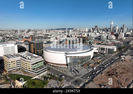 A general overall aerial view of the Chase Center, Wednesday, Oct. 26, 2022, in San Francisco. The Arena is the home of the Golden State Warriors. Stock Photo